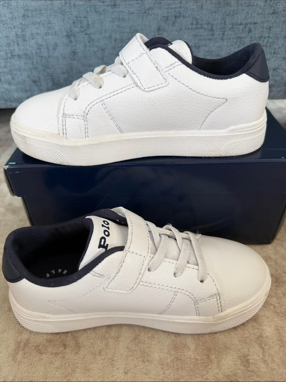 Polo by Ralph Lauren White Leather Kids Sneakers with Navy Trim Unisex